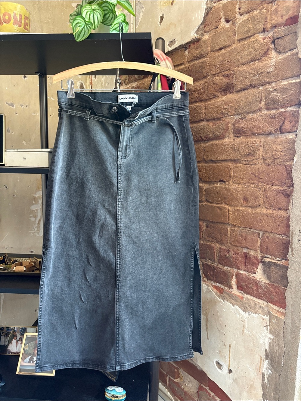 DKNY Washed Black Denim Midi Skirt with Tie Waist